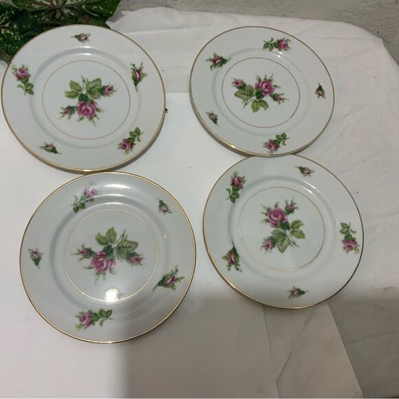 4 Vintage KYOTO 7512 ROSEVERTE 6 1/4” Dessert PLATES Roses CHINA Gold G16 - Picture 2 of 5